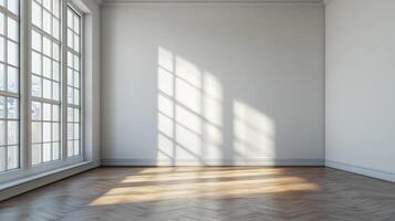 Sunlit room with large window casting shadows on the wall and herringbone wood floor, creating a bright and airy interior space. photo