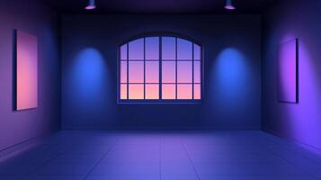 An atmospheric room with soft lighting and a large window showing a colorful dusk or dawn sky. Minimalist art gallery space. photo