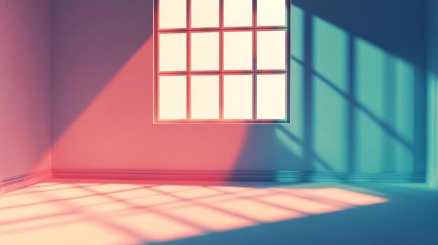 Abstract view of light streaming through a window casting geometric patterns on the floor and walls in shades of peach and turquoise. photo