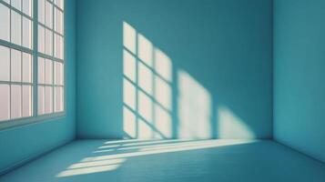 Sunlight streams through a window, casting a geometric pattern across a tranquil blue room, highlighting the beauty of minimalist interior design. photo