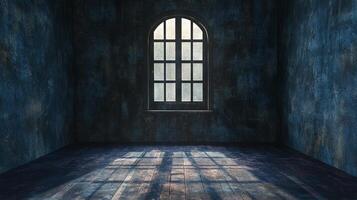 A room bathed in soft light streaming through a window, creating patterns on the weathered wooden floor and textured walls. Interior space. photo