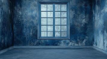 An empty room in monochromatic blue tones. The walls are mottled and a window is front and center with its many panes. photo