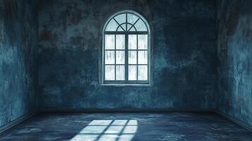 Gloomy room with distressed blue walls and a window with soft light. Eerie atmosphere, perfect for dramatic settings or haunted themes. photo