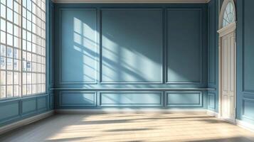 Bright, empty room with blue walls and light wooden floors. Sunlight streams in through a large window, creating shadows and illuminating the space. photo