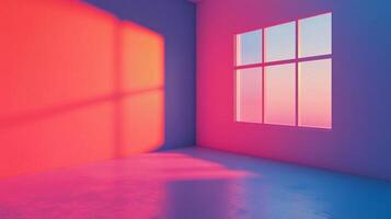 A room bathed in vibrant, gradient lighting showcases a window casting an ethereal glow, creating a dreamy and captivating atmosphere. photo