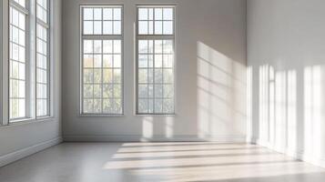 Sunlight streams into an empty room through large windows, creating shadows across the floor, highlighting the architectural details. photo