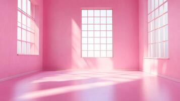 A pink room, illuminated by sunlight streaming through windows, creating a serene, bright, and minimalist atmosphere, promoting tranquility. photo