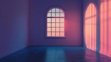 Solitary arched window letting morning light into an empty room, creating a tranquil and serene atmosphere. photo