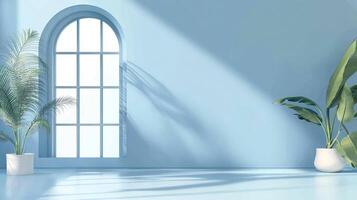 An arched window in a light blue room provides natural illumination to two houseplants, creating a serene indoor scene. Sunlight patterns. photo