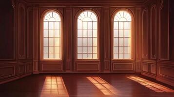 Elegant room with three arched windows, paneled walls, and polished wood floor bathed in sunlight, creating a warm and inviting atmosphere. photo