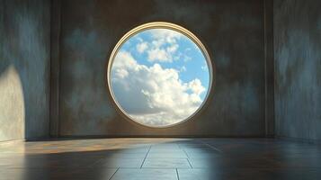 A circular window frames a serene sky filled with clouds, casting light and shadow in a minimalist, architectural interior. Serenity. photo