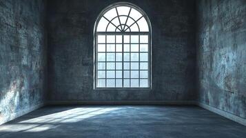 A dim and mysterious room, bathed in the ethereal light streaming through a large arched window. A space of quiet contemplation. photo
