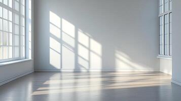 Bright room with sunlight streaming through windows casting shadows on the floor. Minimalist design, neutral color palette, and clean lines. photo