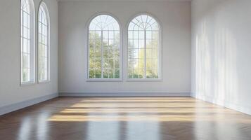 Bright, minimalist room with sunlight streaming through arched windows, highlighting the polished herringbone wood floor, creating a sense of openness. photo
