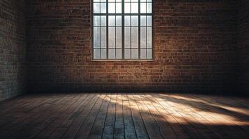 Sunlit room with brick wall and wooden floor evokes warmth and nostalgia, with a window as a focal point, casting light shadows on the wood. photo