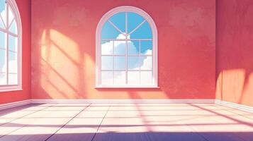 Sunlit room with arched windows reveals a serene sky, casting shadows across the coral walls and wooden floor, creating calm interior scene. photo