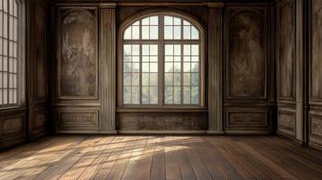 Elegantly paneled room with weathered wood and window offering scenic natural views. A grand interior with sunlight and classic architectural details. photo