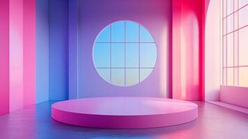 Abstract studio space featuring a pink platform and a round window, bathed in vibrant shades of pink, purple and blue lighting. photo