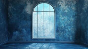 A room bathed in blue light, with an arched window offering a view of the outside, creating a serene and contemplative atmosphere. photo