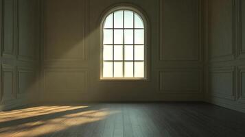 Sunlight streams through a paneled wall room illuminating the wooden floor creating patterns of light and shadow with the room's window. photo