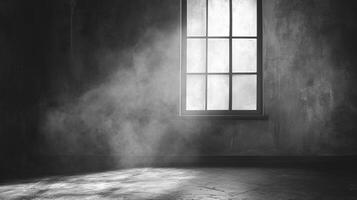 An eerie scene with mist filling a dark room illuminated by a window, creating a mysterious and atmospheric mood. photo