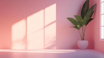 A minimalist studio shot with a potted plant and natural light casting shadows across a pink backdrop, creating a serene, calm aesthetic. photo