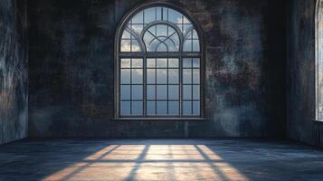 Sunlight streams through an arched window, illuminating the stark, distressed interior. A study in light, shadow, and weathered beauty. photo