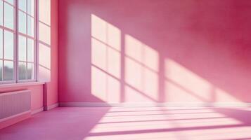 Illuminated pink room featuring sunlight streaming through a paneled window, creating shadows across the floor and wall, adding depth. photo