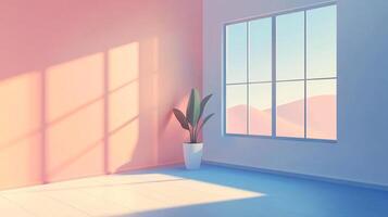 Sunlit minimalist room with pastel walls, a potted plant, and a window overlooking a distant desert landscape in a serene setting. photo