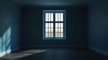 An eerie, blue-toned interior space illuminated by light streaming through a window, creating a contrast of light and shadow. photo