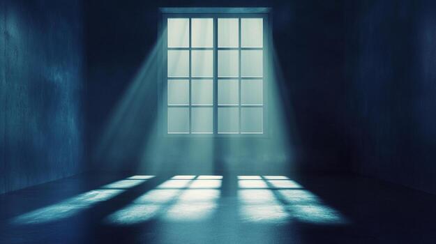Rays of light flood into a room through a grid-patterned window, creating a dramatic interplay of light and shadow on the floor and walls. photo