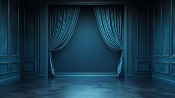 Elegant presentation stage with deep blue curtains and paneled walls, creating an atmosphere of refined sophistication and timeless charm. photo