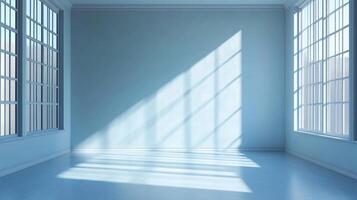 Bright room bathed in light. Sunlight streams through windows creating a grid pattern. Serene, calm and quiet space. Minimalist and elegant. photo