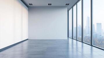 Modern office space featuring large windows with cityscape view, light grey tiling, and white walls offering a minimalist aesthetic appeal. photo