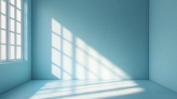 A naturally illuminated space featuring sunlight patterns across blue walls and floor, creating a sense of calm and subtle contrast. photo
