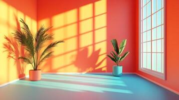 Bright room with potted plants, window, and light casting shadows. The room is painted in warm tones with cool-toned floor. photo