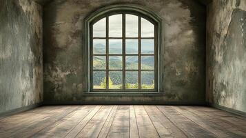 Rustic room interior featuring wooden floorboards, textured walls, and a large arched window showcasing a lush mountain view. photo