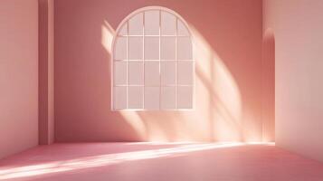 Minimalistic pink room with arch window. Sunlight through the window. Modern interior design concept. Contemporary art and design. photo