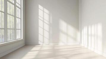 Sunlit empty room, a blank canvas for creative possibilities, with light filtering through windows creating tranquil patterns. Serene and inviting. photo