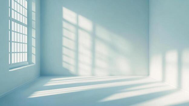 Sunlight streams through a window into a spacious, minimalist room, creating dynamic patterns and highlighting the simple design. photo