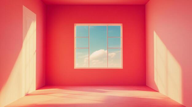 Sunlit window and a door cast shadows on the red walls of an empty room, with a view of blue sky and clouds through the window. photo