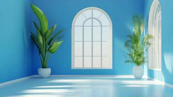 Blue room with natural light from arched windows highlights potted plants, creating a serene and calming interior space for relaxation. photo