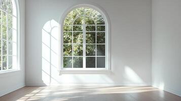 Bright room featuring arched window with natural light and green foliage outside, enhancing a minimalist aesthetic. Focus on light and space. photo