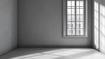 Sunlit room features a window casting intricate shadows on the wall and floor, creating a serene, bright, and minimalist atmosphere. photo