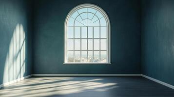 Minimalist interior with blue walls and large arched window, natural light, spacious room, offering a serene and calming atmosphere. photo
