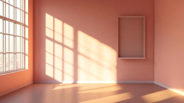 Sunlit room showcasing shadows and a window, creating a warm ambiance with a frame on the wall. Simple, minimalist, and inviting scene. photo