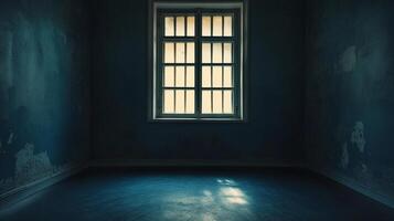 An aged room is dimly lit by sunlight streaming through the barred window, creating a sense of isolation and faded grandeur. photo