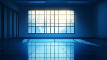 Empty blue room with a large window reflecting a bright sky. Sunlight shines through the glass, creating a peaceful, ethereal atmosphere. photo