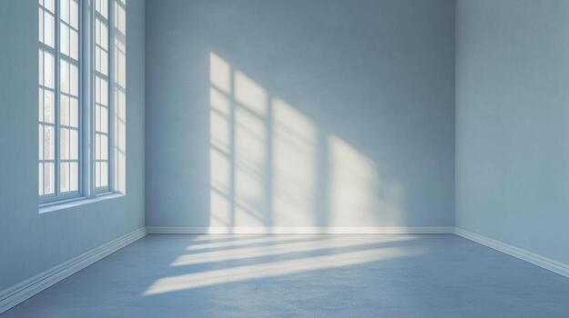 Sunlight streams into a minimalist room, creating a serene ambiance with its play of light and shadow on the walls and floor. photo