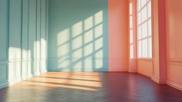 Sunlit room with unique color palette and architecture creates inviting ambiance, ideal for showcasing interior design or architectural elements. photo